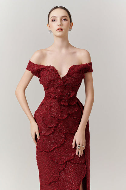 Rosette Off-Shoulder Applique Maxi Dress