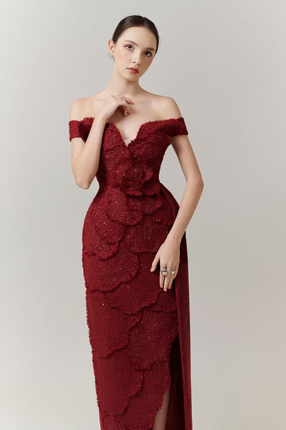 Rosette Off-Shoulder Applique Maxi Dress