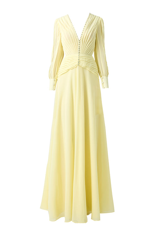 Khalil A-line Cuff Sleeved Chiffon Floor Length Dress