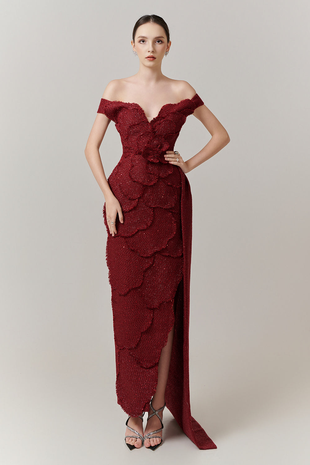 Rosette Off-Shoulder Applique Maxi Dress