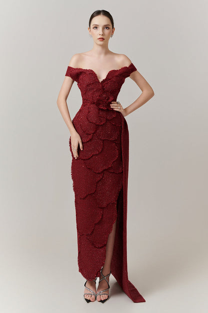 Rosette Off-Shoulder Applique Maxi Dress