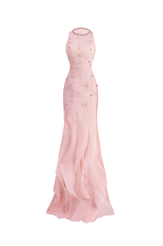 Potter Mermaid Jewel Neck Organza Floor Length Dress