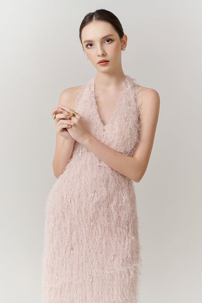 Celeste Halter Feather Maxi Dress