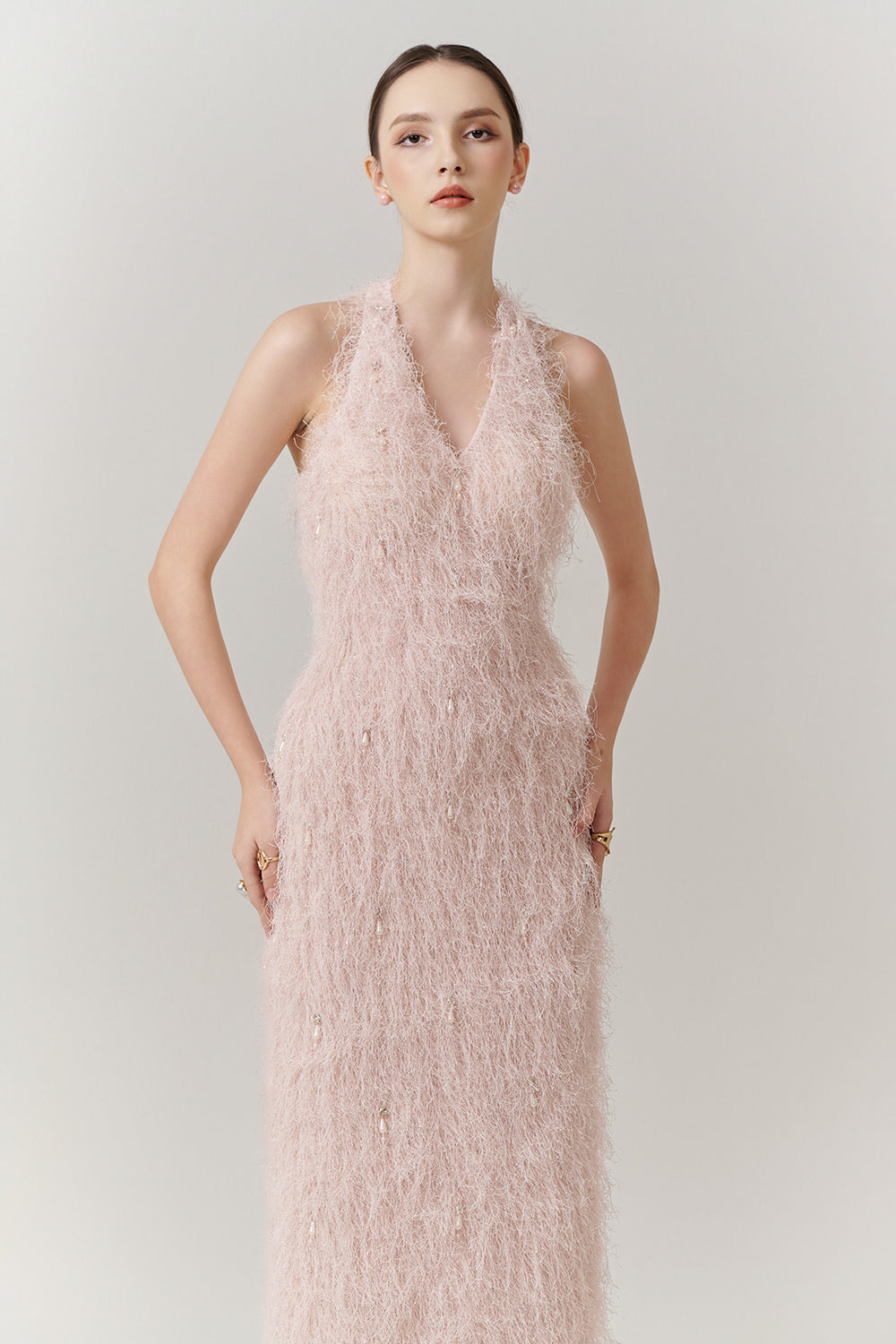 feather maxi dress Liya Orange or evening galas Blush Pink Sequin and Feather