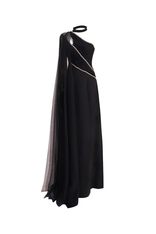 Brandt A-line Asymmetric Twill Floor Length Dress