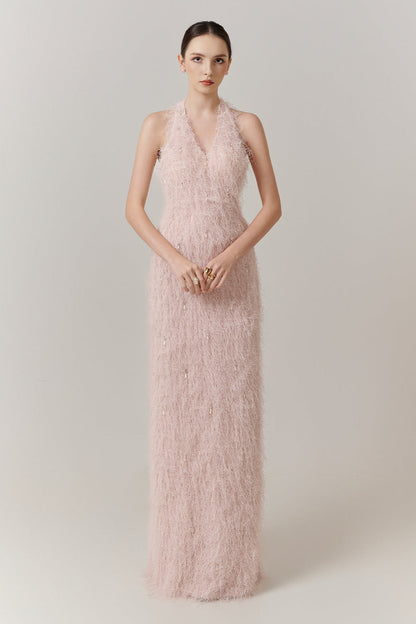 Celeste Halter Feather Maxi Dress