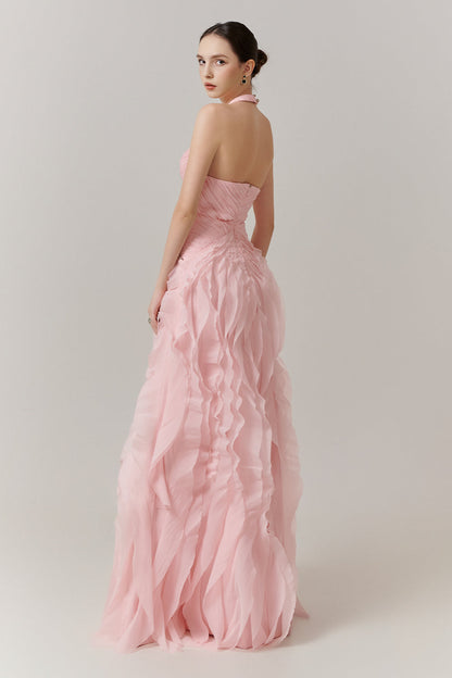 Cascade Halter Ruffle Maxi Dress