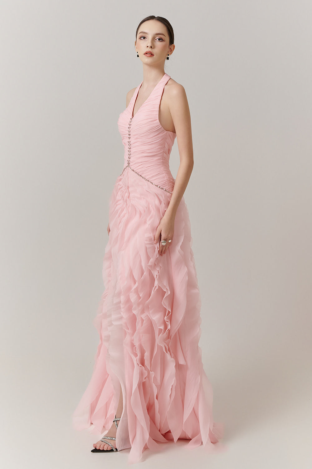 Cascade Halter Ruffle Maxi Dress