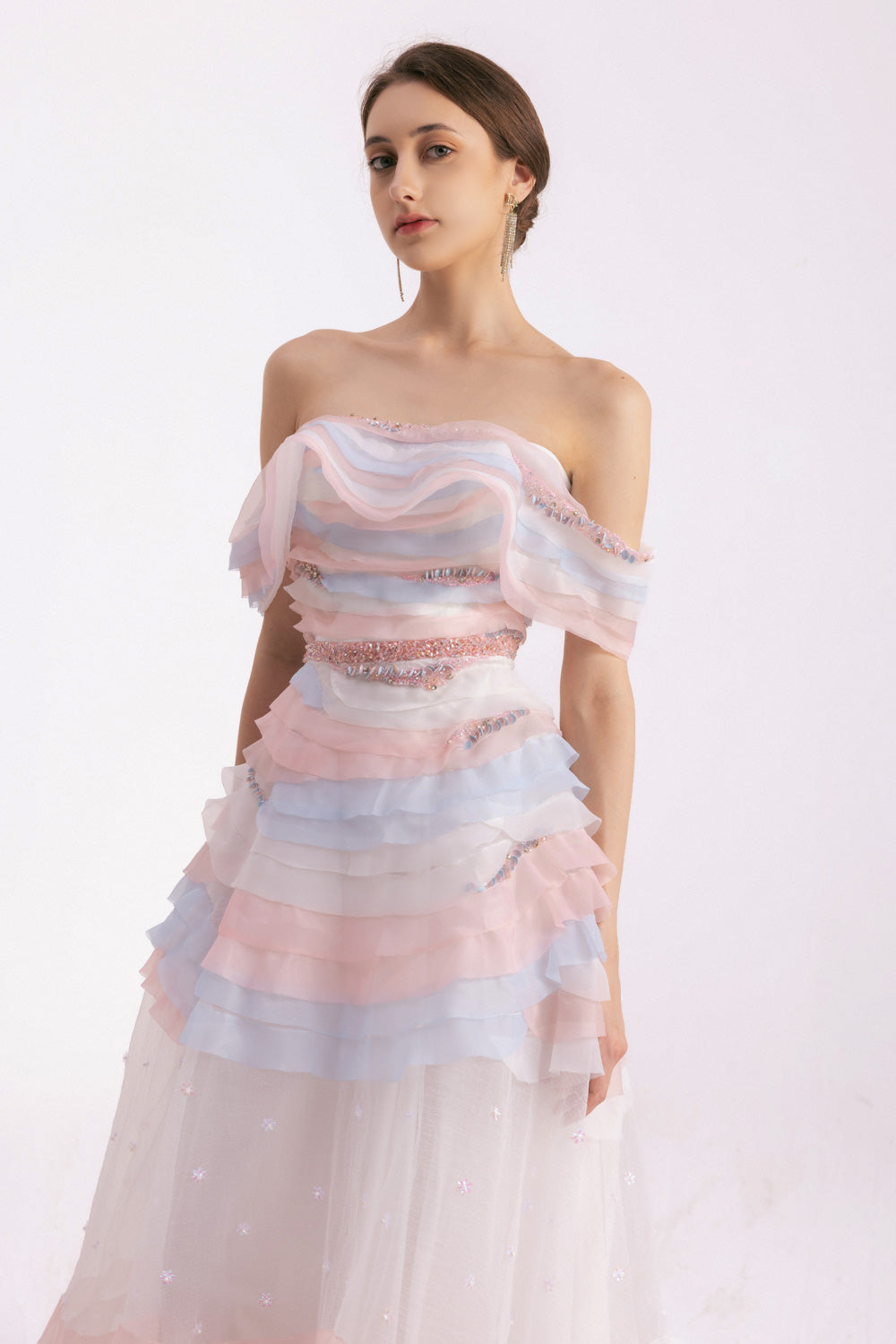 Dallasy Fit and Flare Off-Shoulder Organza Floor Length Dress