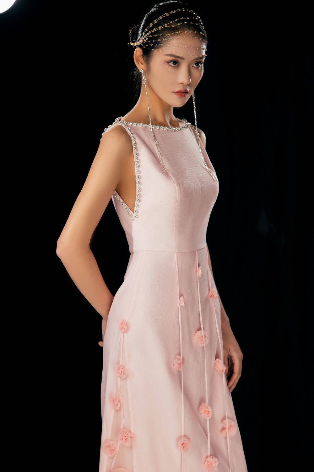 Juarez A-line Boat Neck Mesh Silk Floor Length Dress