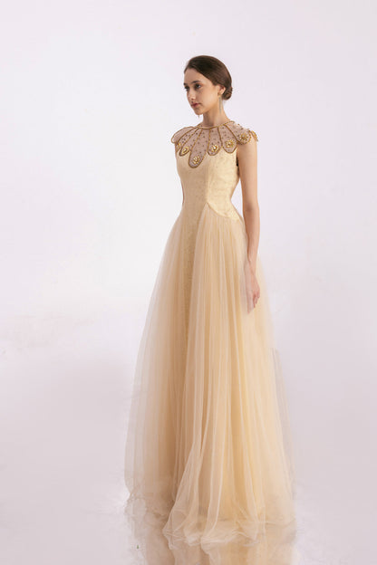 Arabella A-line Gathered Mesh Silk Floor Length Dress