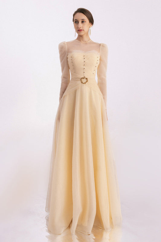 Judith A-line Draped Mesh Silk Floor Length Dress