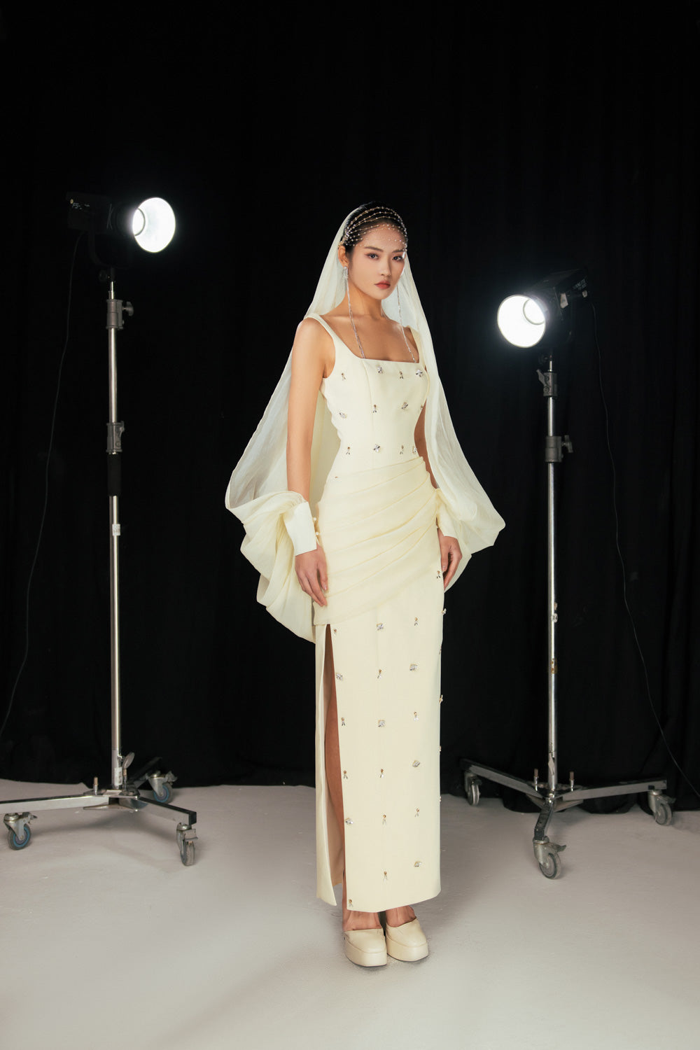 Sylvia Sheath Square Neck Twill Floor Length Dress