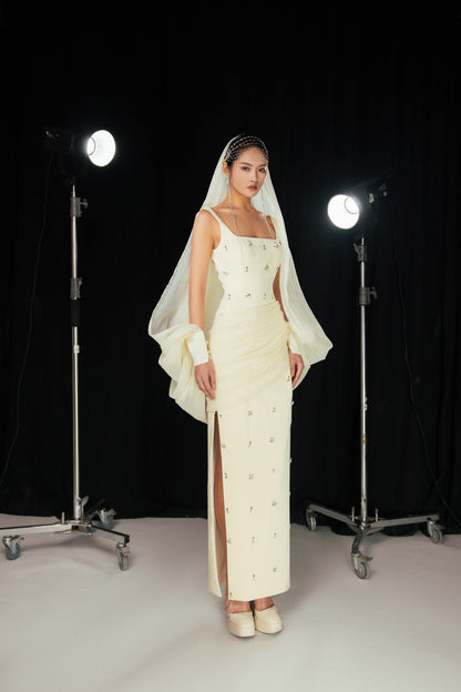 Sylvia Sheath Square Neck Twill Floor Length Dress
