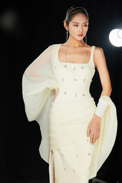 Sylvia Sheath Square Neck Twill Floor Length Dress
