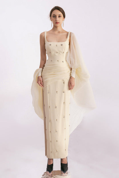 Sylvia Sheath Square Neck Twill Floor Length Dress