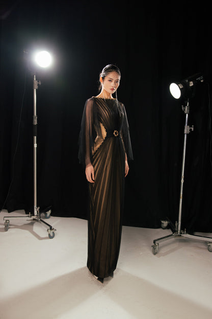 Pierce Pegged Boat Neck Mesh Silk Floor Length Dress