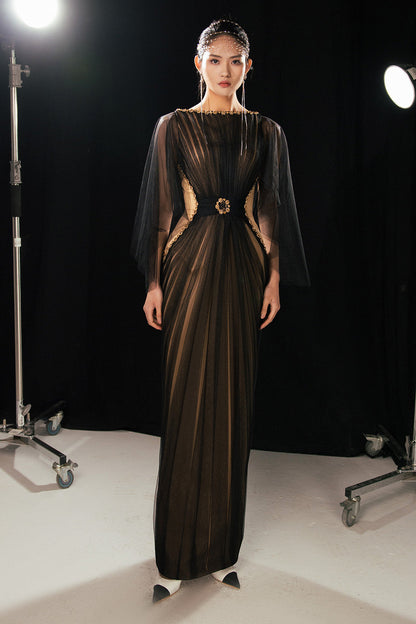 Pierce Pegged Boat Neck Mesh Silk Floor Length Dress