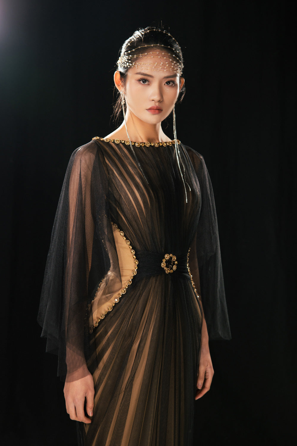 Pierce Pegged Boat Neck Mesh Silk Floor Length Dress