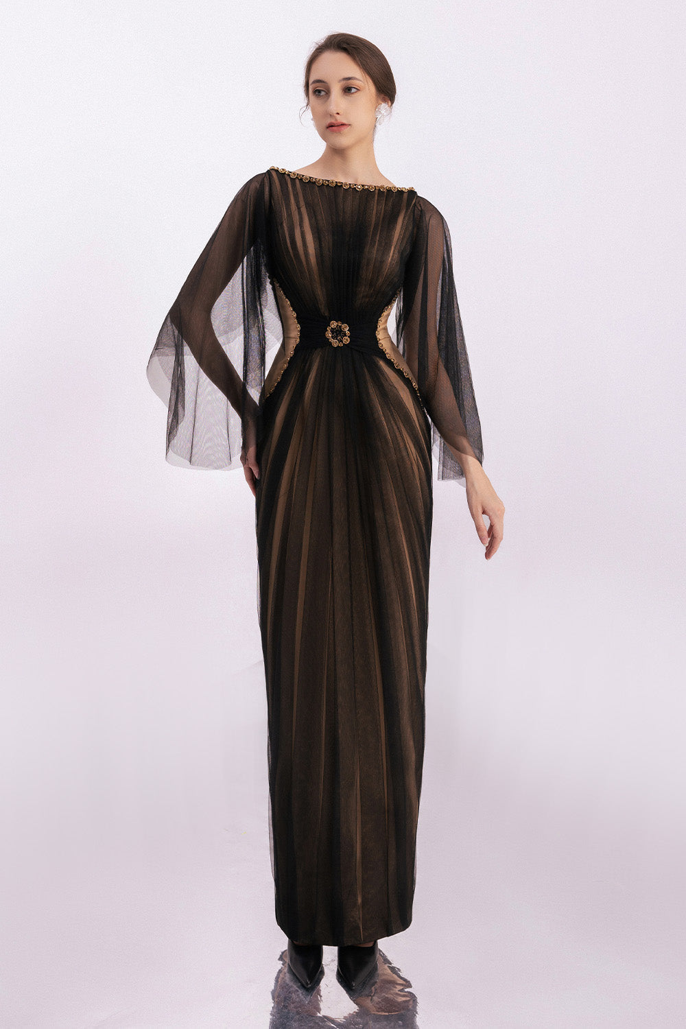 Pierce Pegged Boat Neck Mesh Silk Floor Length Dress