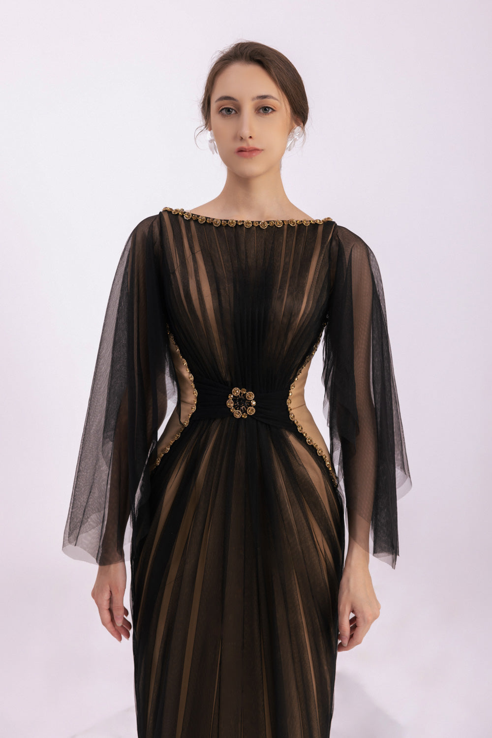 Pierce Pegged Boat Neck Mesh Silk Floor Length Dress