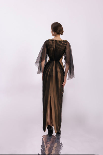 Pierce Pegged Boat Neck Mesh Silk Floor Length Dress