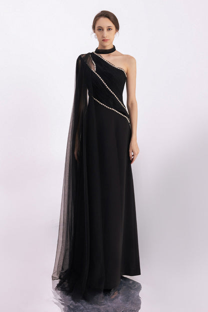 Brandt A-line Asymmetric Twill Floor Length Dress