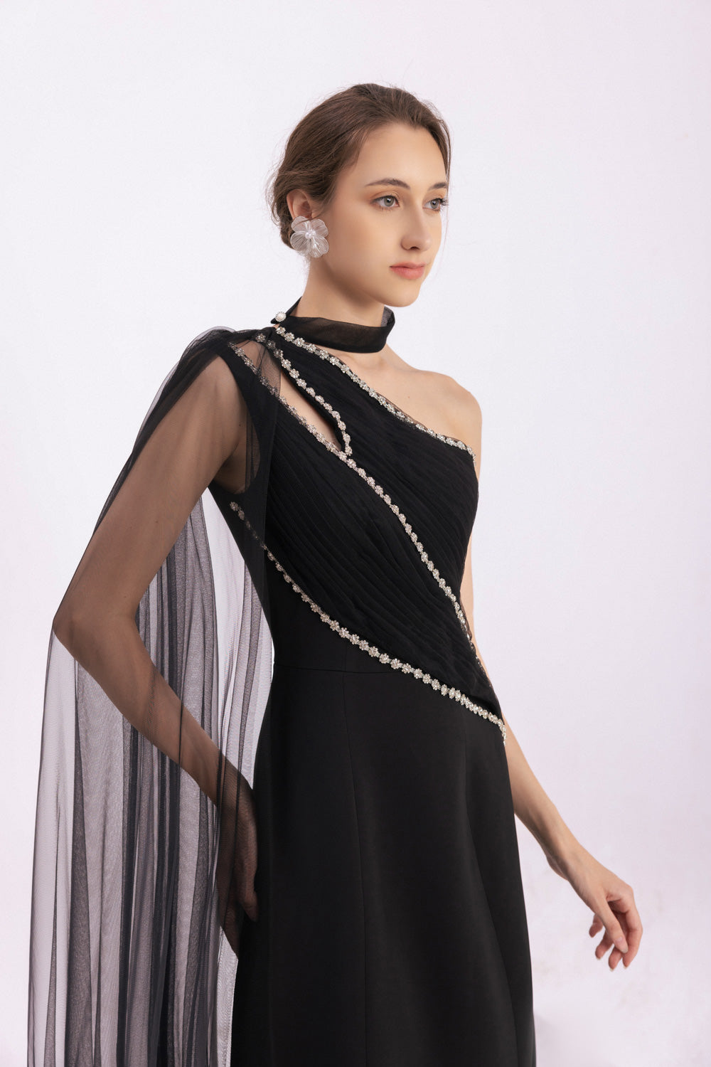 Brandt A-line Asymmetric Twill Floor Length Dress