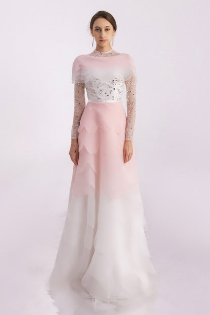 Bonilla Layered Long Sleeved Organza Floor Length Dress