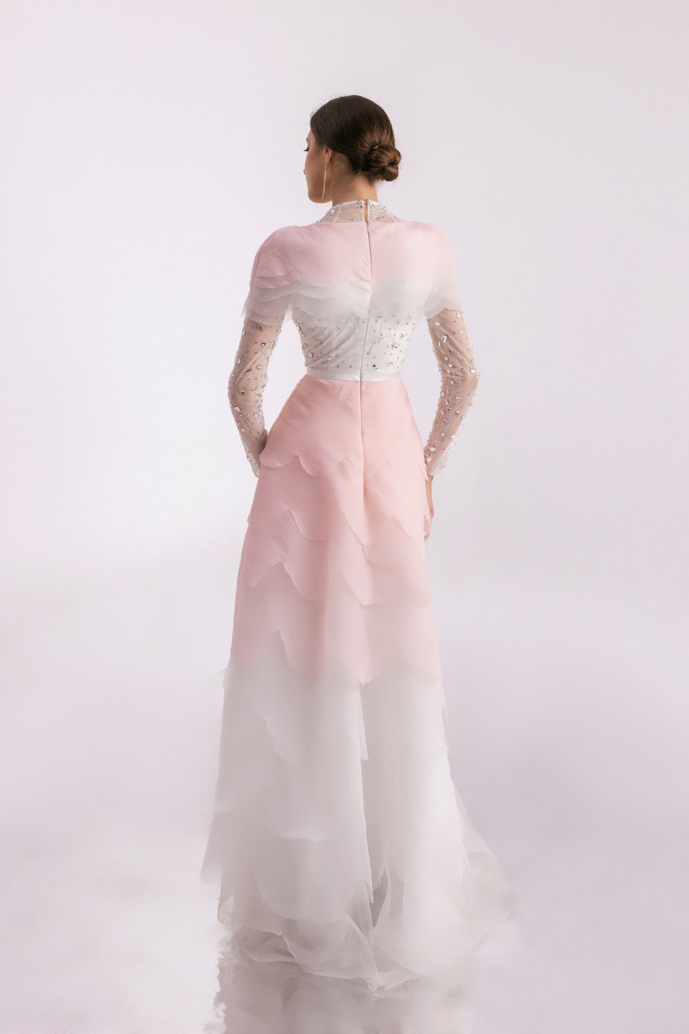 Bonilla Layered Long Sleeved Organza Floor Length Dress