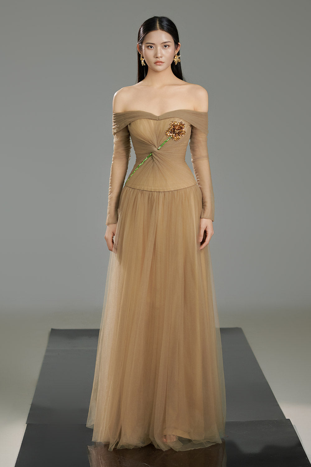 Rodrigo Gathered Stone Polyester Floor Length Dress