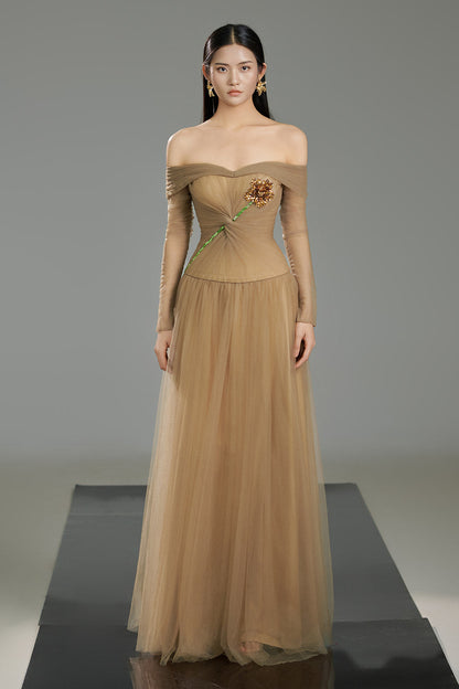 Rodrigo Gathered Stone Polyester Floor Length Dress