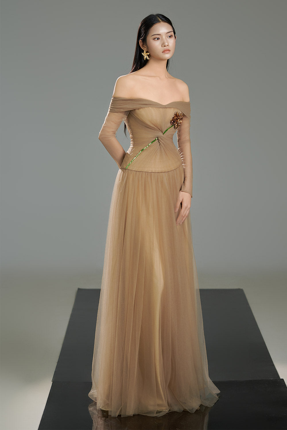 Rodrigo Gathered Stone Polyester Floor Length Dress