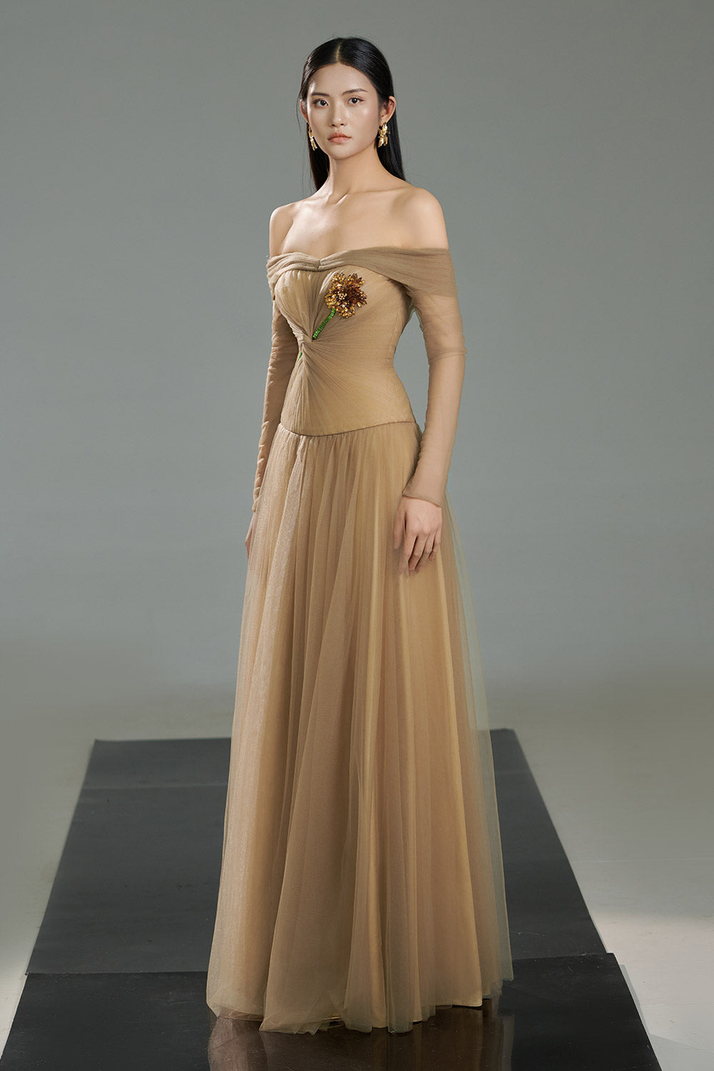 Rodrigo Gathered Stone Polyester Floor Length Dress