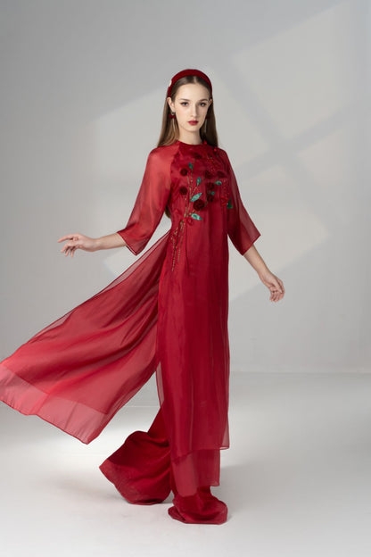 Scarlet Straight Round Neck Silk Organza Floor Length Ao Dai