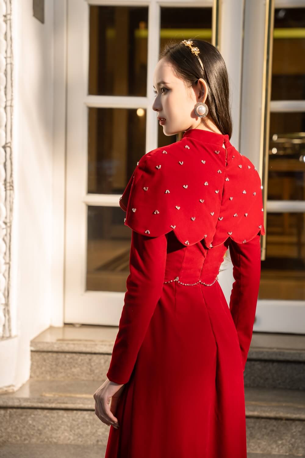 Alaia Fitted Cape Shoulder Velvet Long Length Ao Dai 