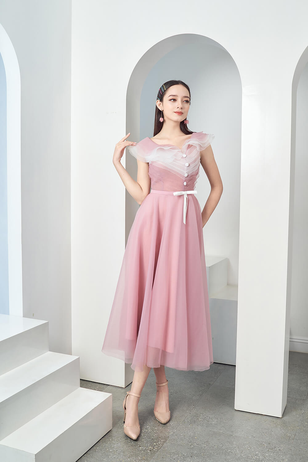 Baskom Ruffle Neckline Dress 