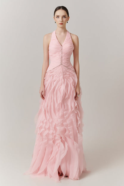 Cascade Halter Ruffle Maxi Dress -