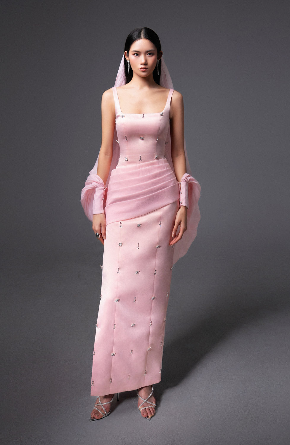 Sylvia Sheath Square Neck Twill Floor Length Dress