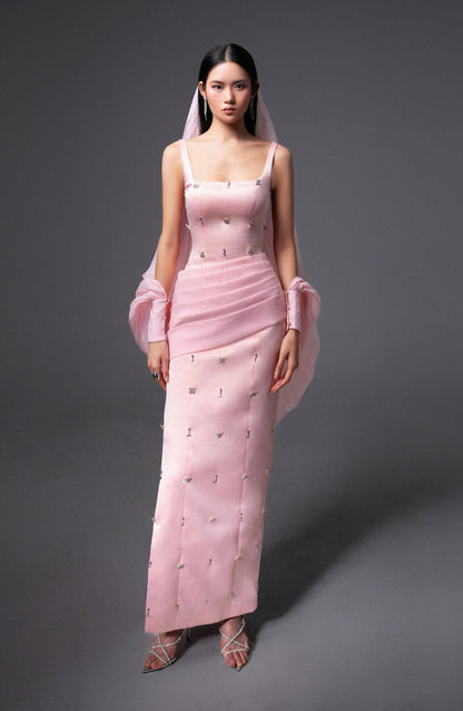 Sylvia Sheath Square Neck Twill Floor Length Dress
