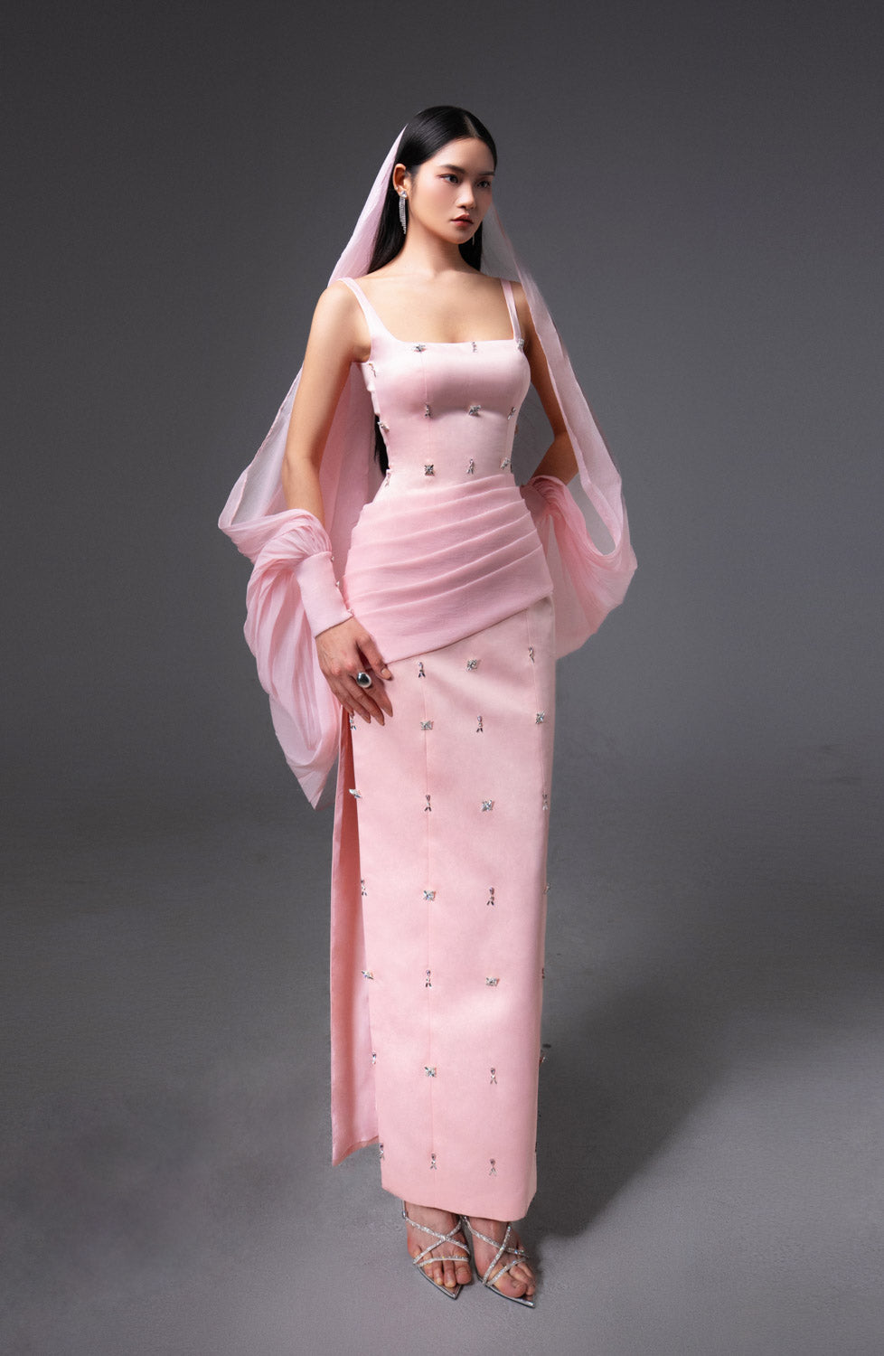 Sylvia Sheath Square Neck Twill Floor Length Dress