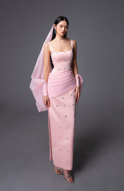 Sylvia Sheath Square Neck Twill Floor Length Dress