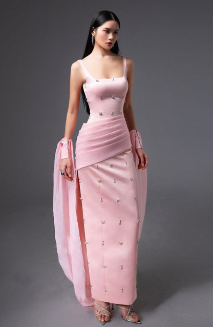 Sylvia Sheath Square Neck Twill Floor Length Dress