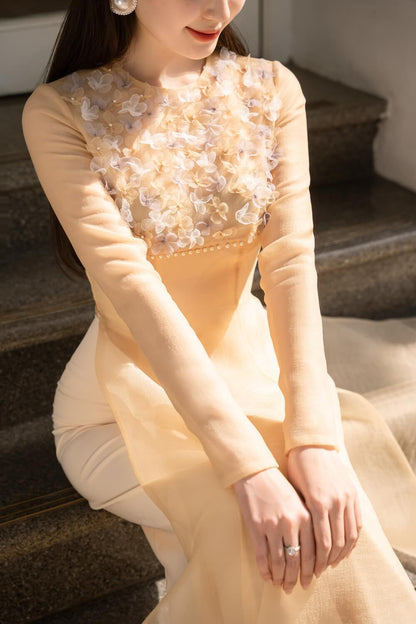 Isabelle Fitted Flower Applique Organza Long Length Ao Dai 