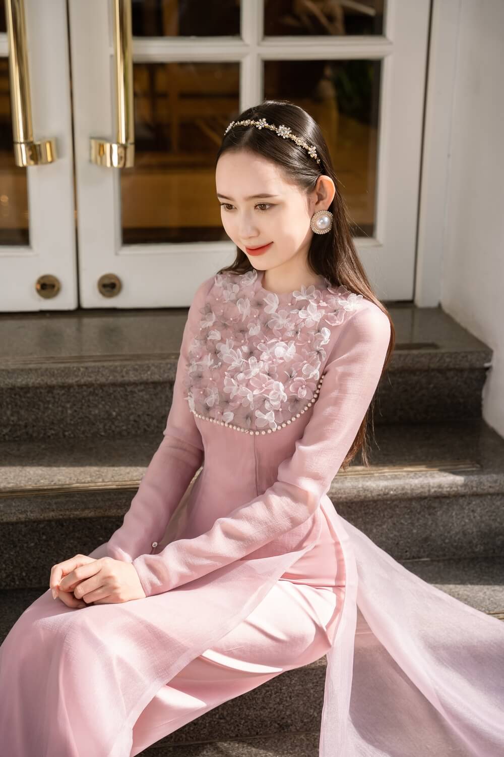Isabelle Fitted Flower Applique Organza Long Length Ao Dai 