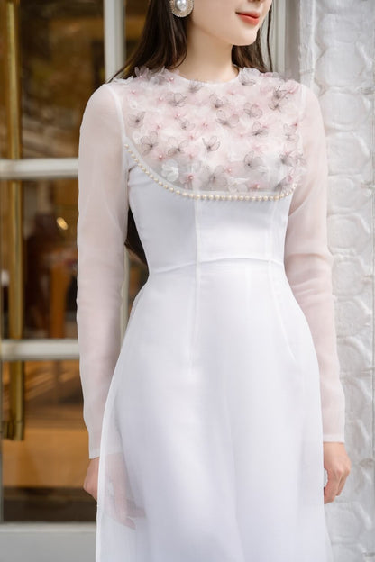 Isabelle Fitted Flower Applique Organza Long Length Ao Dai 