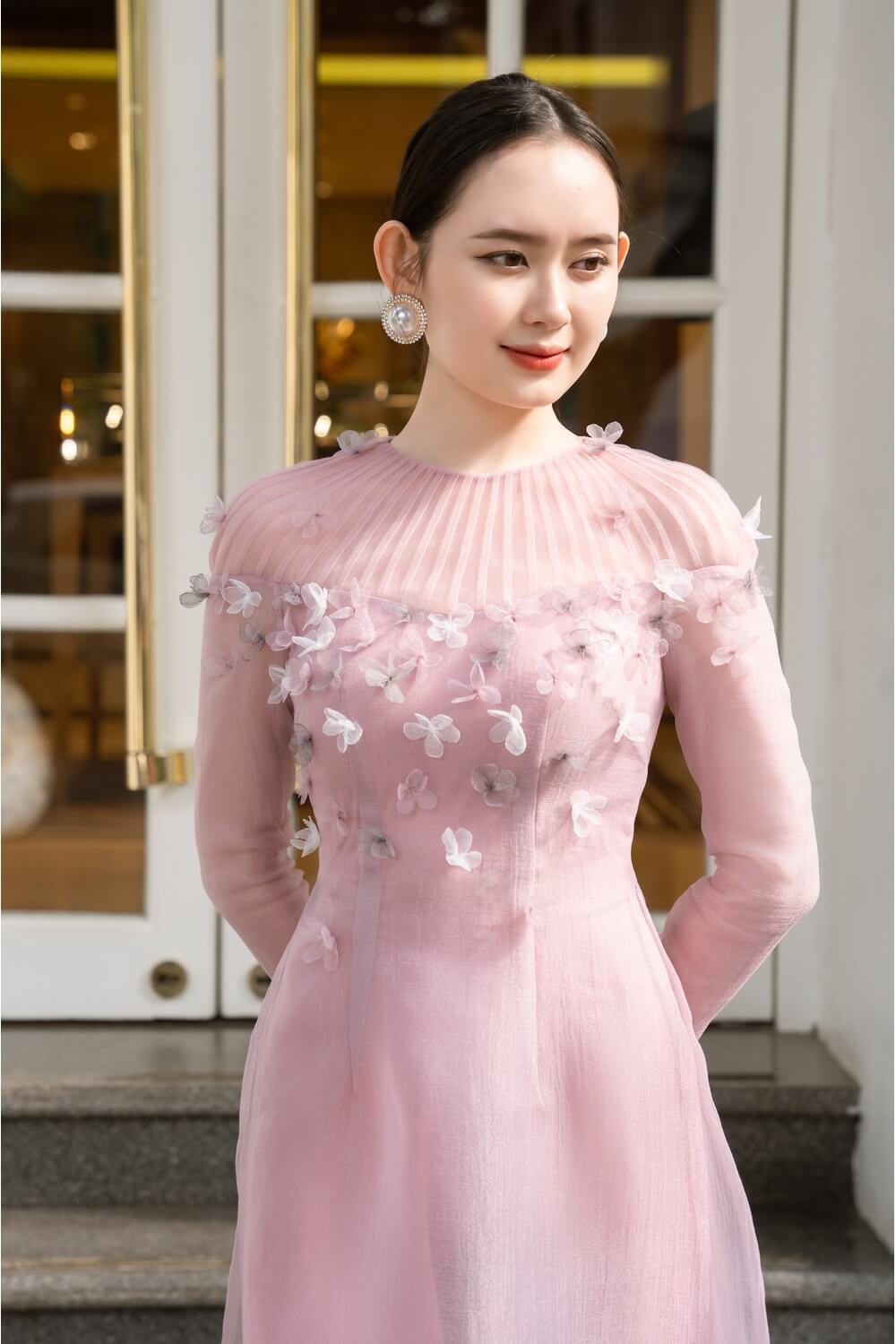 Mackenzie Fitted Flower Applique Organza Long Length Ao Dai 