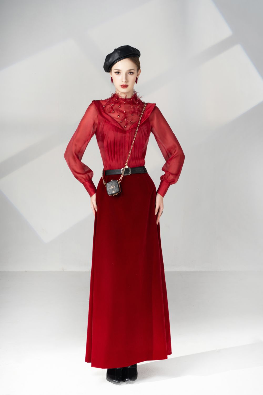 Megan A-line Bishop Sleeved Velvet Ankle Length Set