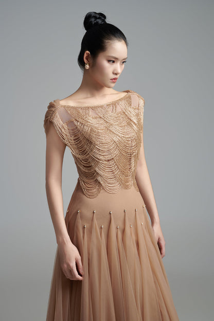 Alondra Gored Boat Neck Mesh Maxi Dress