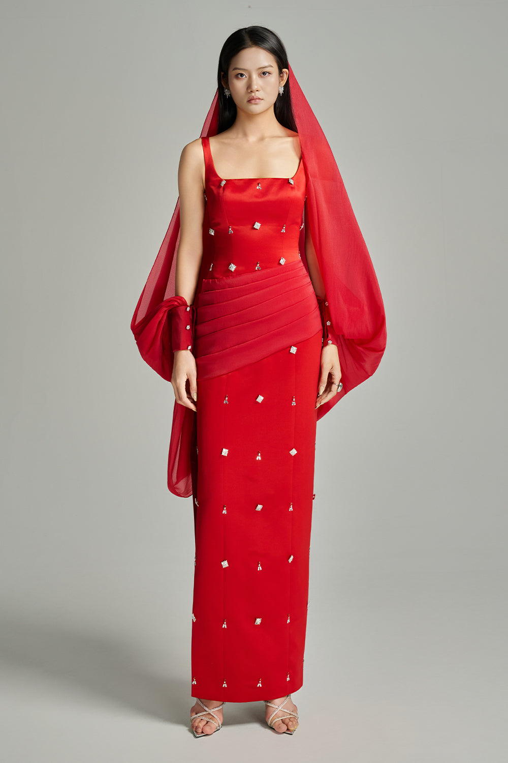 Sylvia Sheath Square Neck Twill Floor Length Dress